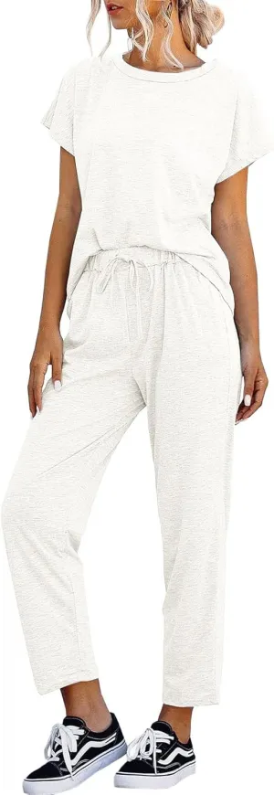Eurivicy Women's 2 Piece Outfits Sets Casual Short Sleeve Crewneck T-Shirts and Pocketed Jogger Pants Summer Tracksuit Set