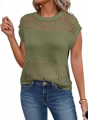 EVALESS Womens Tops Casual Summer Cap Short Sleeve Crochet Hollow Out Knit Sweater Vest Pullover T-Shirts Beach Coverup