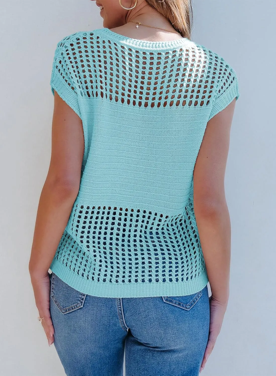 EVALESS Womens Tops Casual Summer Cap Short Sleeve Crochet Hollow Out Knit Sweater Vest Pullover T-Shirts Beach Coverup