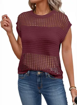 EVALESS Womens Tops Casual Summer Cap Short Sleeve Crochet Hollow Out Knit Sweater Vest Pullover T-Shirts Beach Coverup