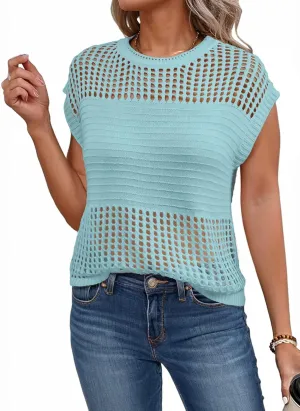 EVALESS Womens Tops Casual Summer Cap Short Sleeve Crochet Hollow Out Knit Sweater Vest Pullover T-Shirts Beach Coverup