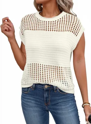 EVALESS Womens Tops Casual Summer Cap Short Sleeve Crochet Hollow Out Knit Sweater Vest Pullover T-Shirts Beach Coverup