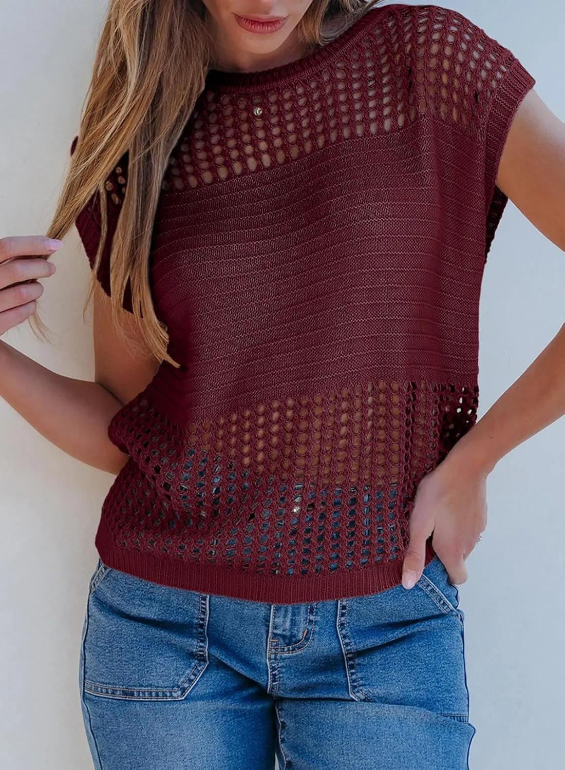 EVALESS Womens Tops Casual Summer Cap Short Sleeve Crochet Hollow Out Knit Sweater Vest Pullover T-Shirts Beach Coverup
