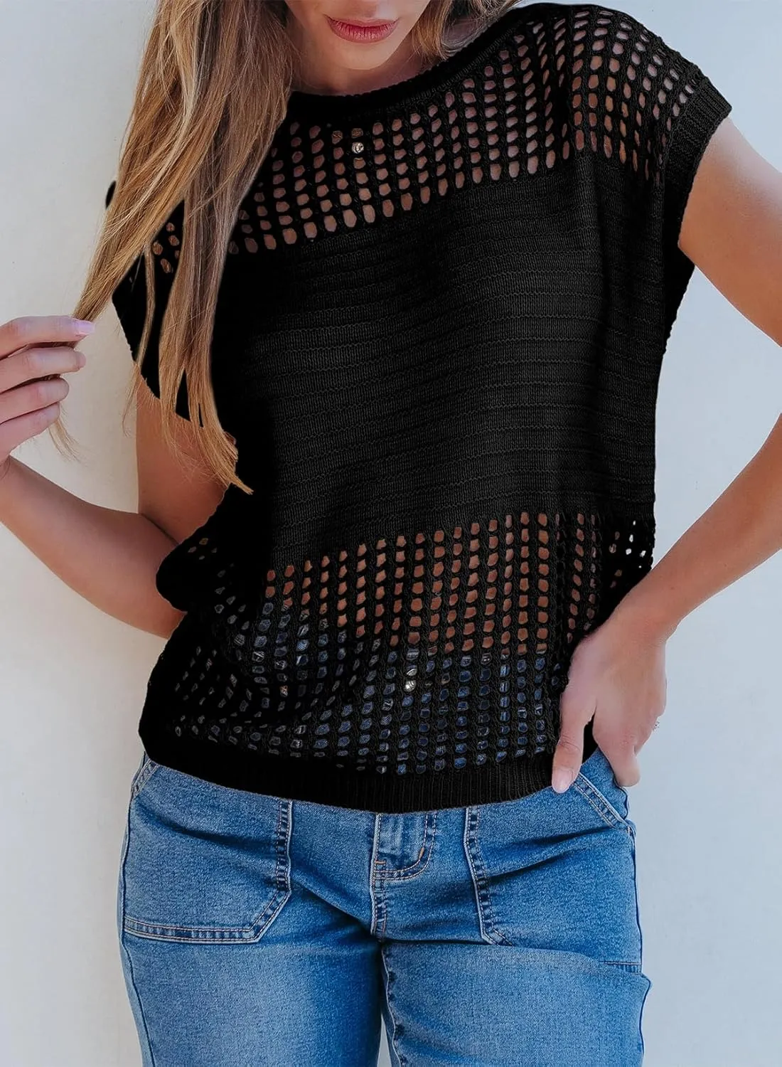 EVALESS Womens Tops Casual Summer Cap Short Sleeve Crochet Hollow Out Knit Sweater Vest Pullover T-Shirts Beach Coverup