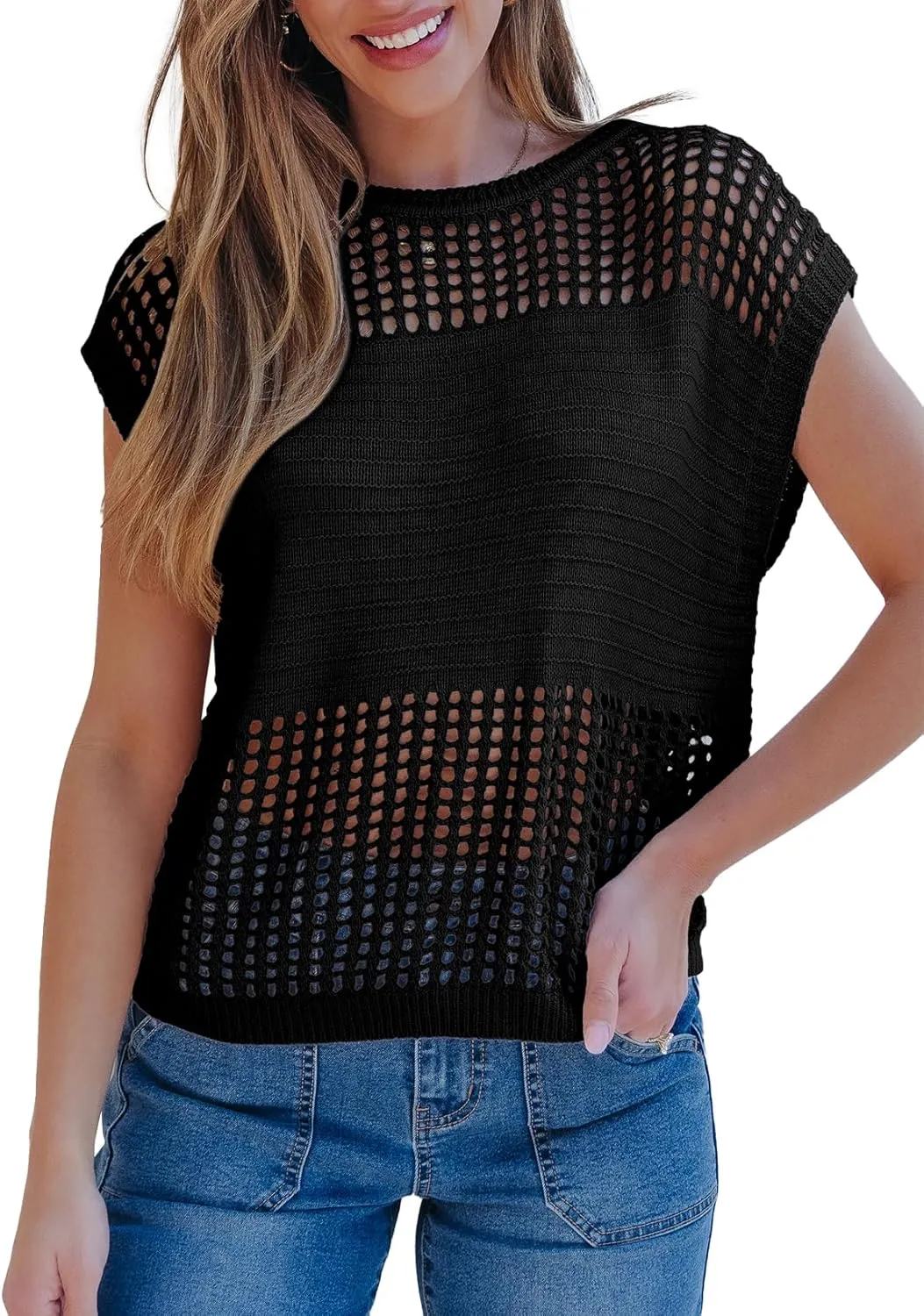 EVALESS Womens Tops Casual Summer Cap Short Sleeve Crochet Hollow Out Knit Sweater Vest Pullover T-Shirts Beach Coverup