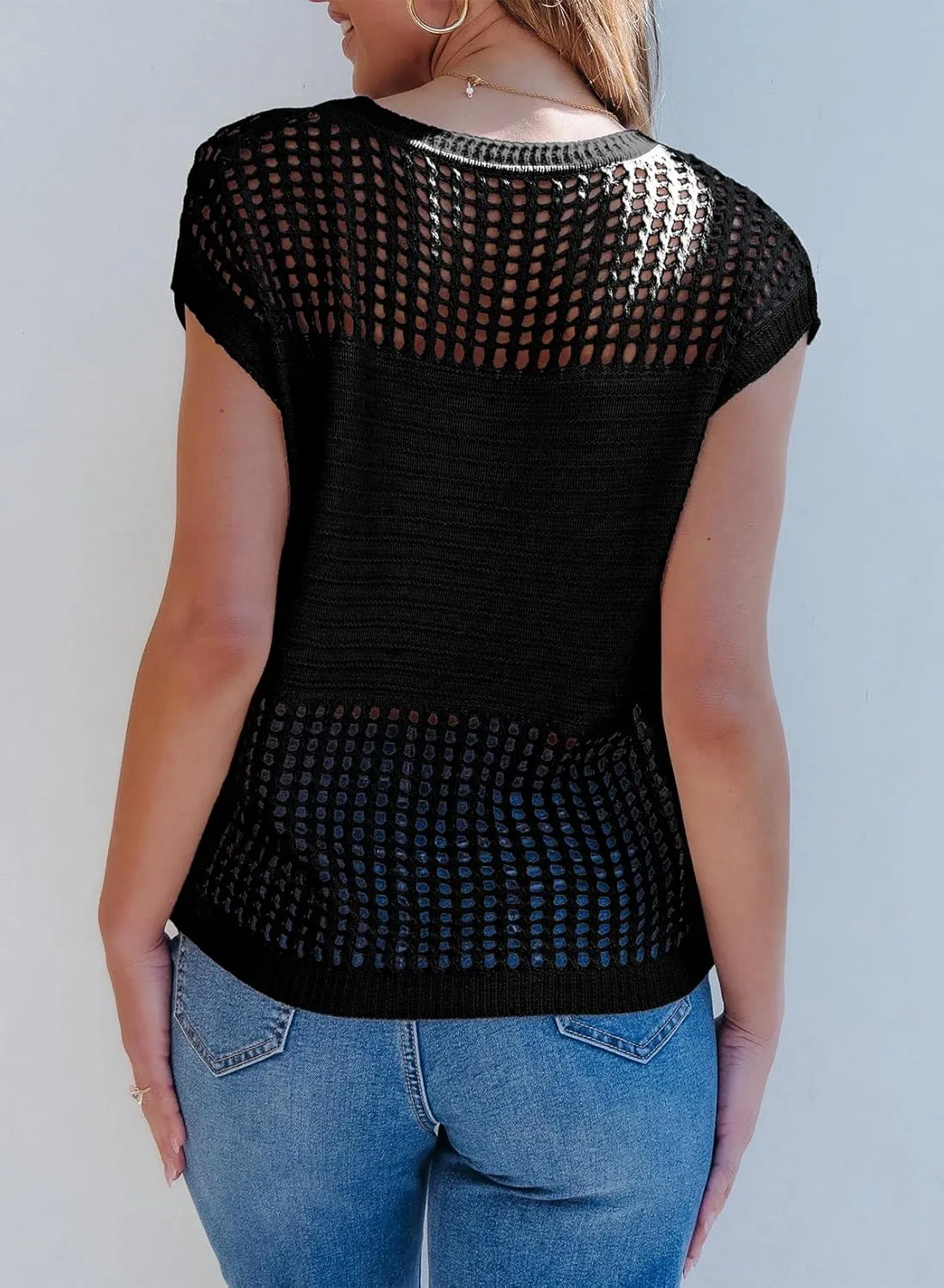 EVALESS Womens Tops Casual Summer Cap Short Sleeve Crochet Hollow Out Knit Sweater Vest Pullover T-Shirts Beach Coverup