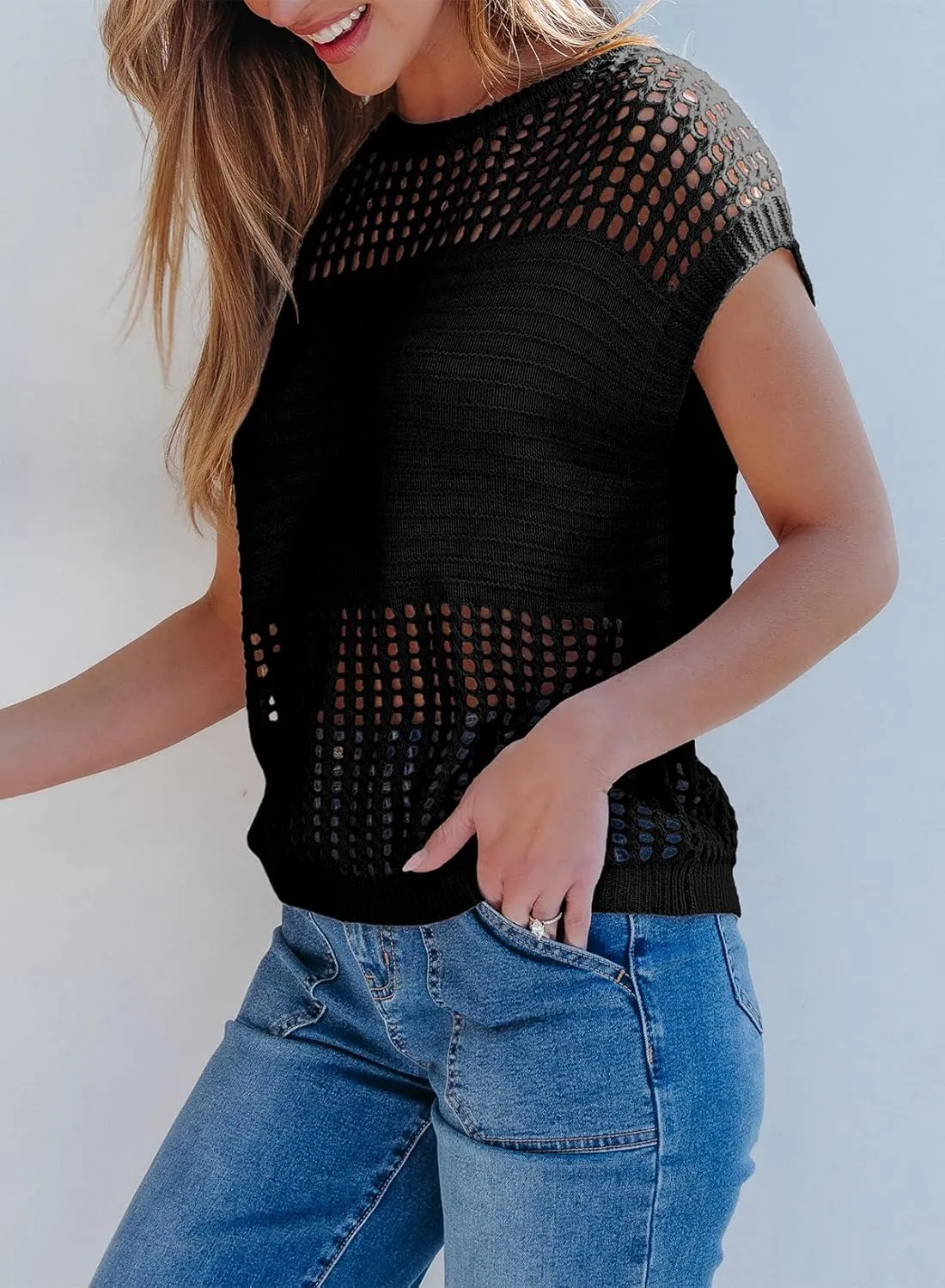 EVALESS Womens Tops Casual Summer Cap Short Sleeve Crochet Hollow Out Knit Sweater Vest Pullover T-Shirts Beach Coverup