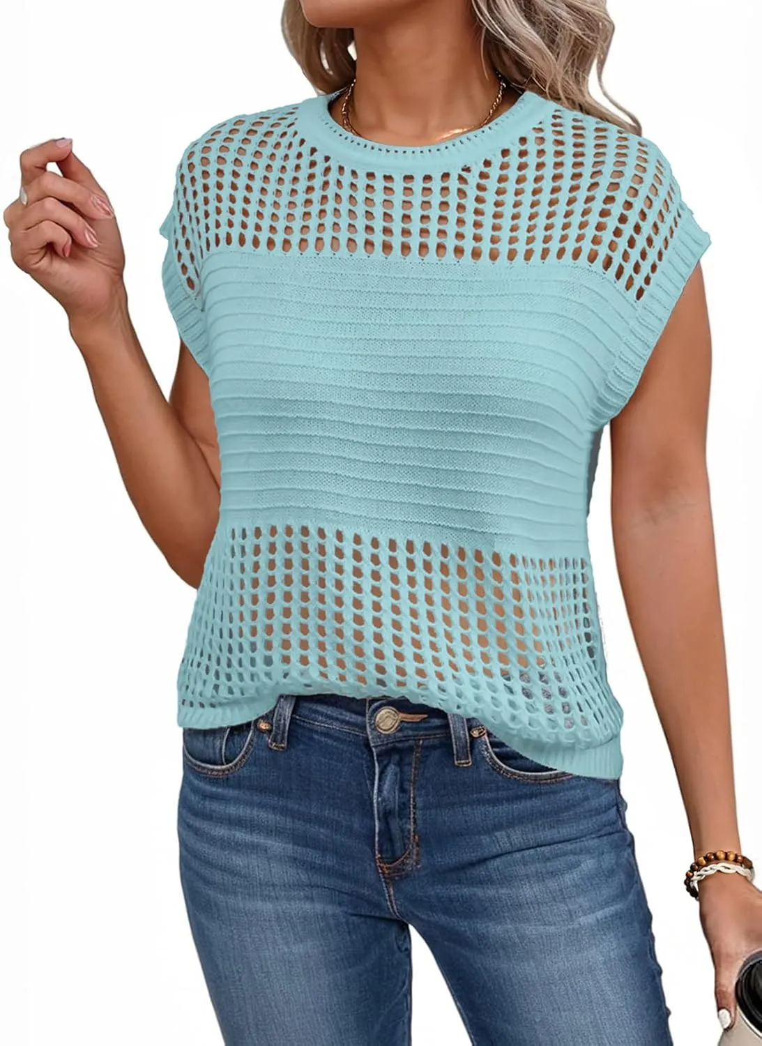 EVALESS Womens Tops Casual Summer Cap Short Sleeve Crochet Hollow Out Knit Sweater Vest Pullover T-Shirts Beach Coverup