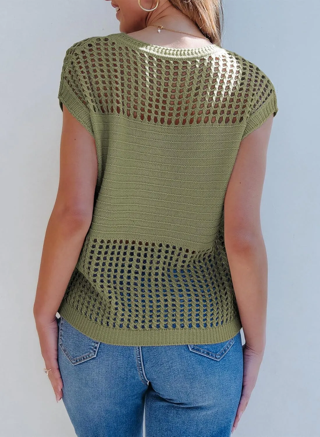 EVALESS Womens Tops Casual Summer Cap Short Sleeve Crochet Hollow Out Knit Sweater Vest Pullover T-Shirts Beach Coverup