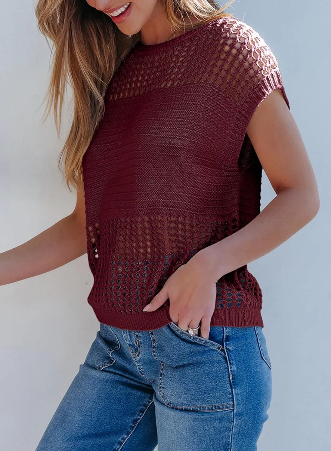 EVALESS Womens Tops Casual Summer Cap Short Sleeve Crochet Hollow Out Knit Sweater Vest Pullover T-Shirts Beach Coverup