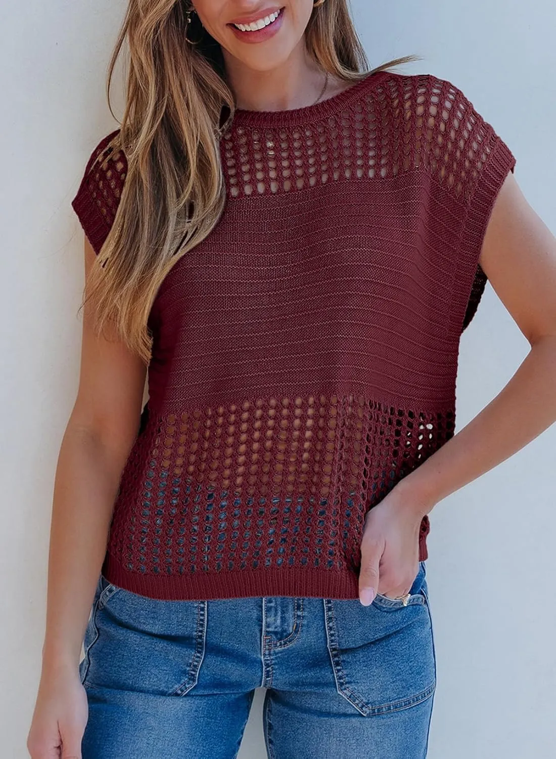 EVALESS Womens Tops Casual Summer Cap Short Sleeve Crochet Hollow Out Knit Sweater Vest Pullover T-Shirts Beach Coverup