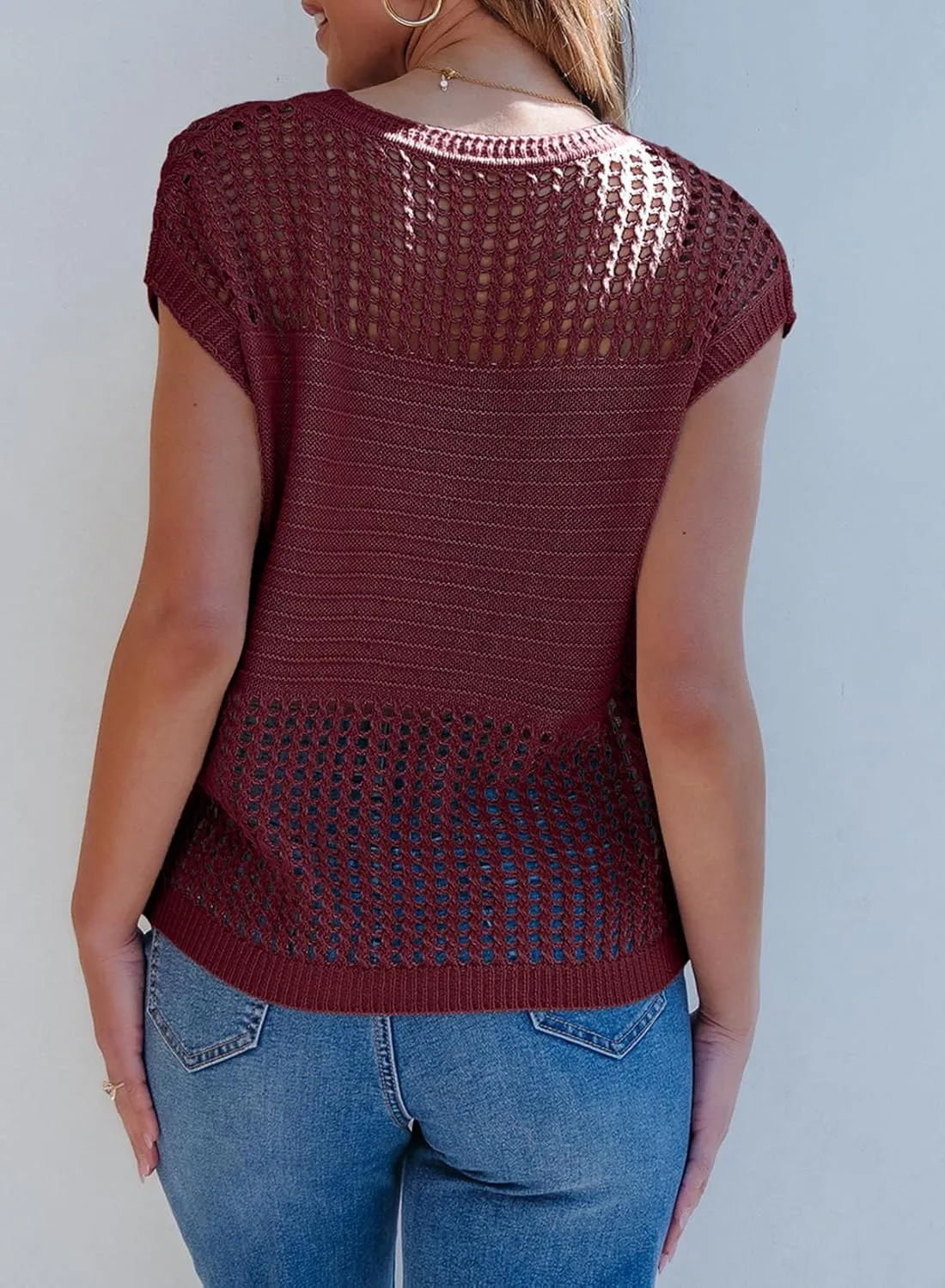 EVALESS Womens Tops Casual Summer Cap Short Sleeve Crochet Hollow Out Knit Sweater Vest Pullover T-Shirts Beach Coverup