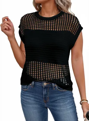 EVALESS Womens Tops Casual Summer Cap Short Sleeve Crochet Hollow Out Knit Sweater Vest Pullover T-Shirts Beach Coverup