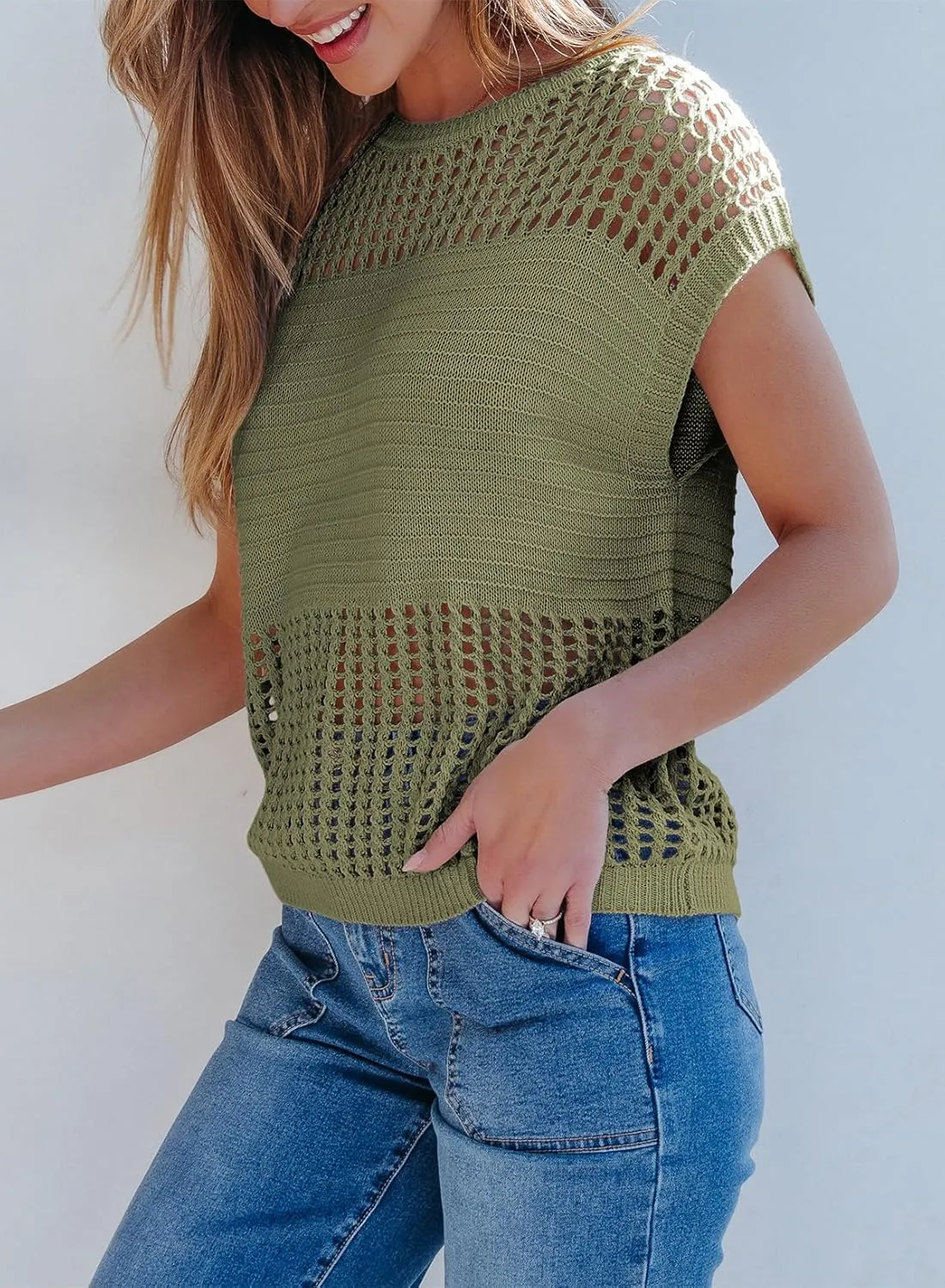EVALESS Womens Tops Casual Summer Cap Short Sleeve Crochet Hollow Out Knit Sweater Vest Pullover T-Shirts Beach Coverup