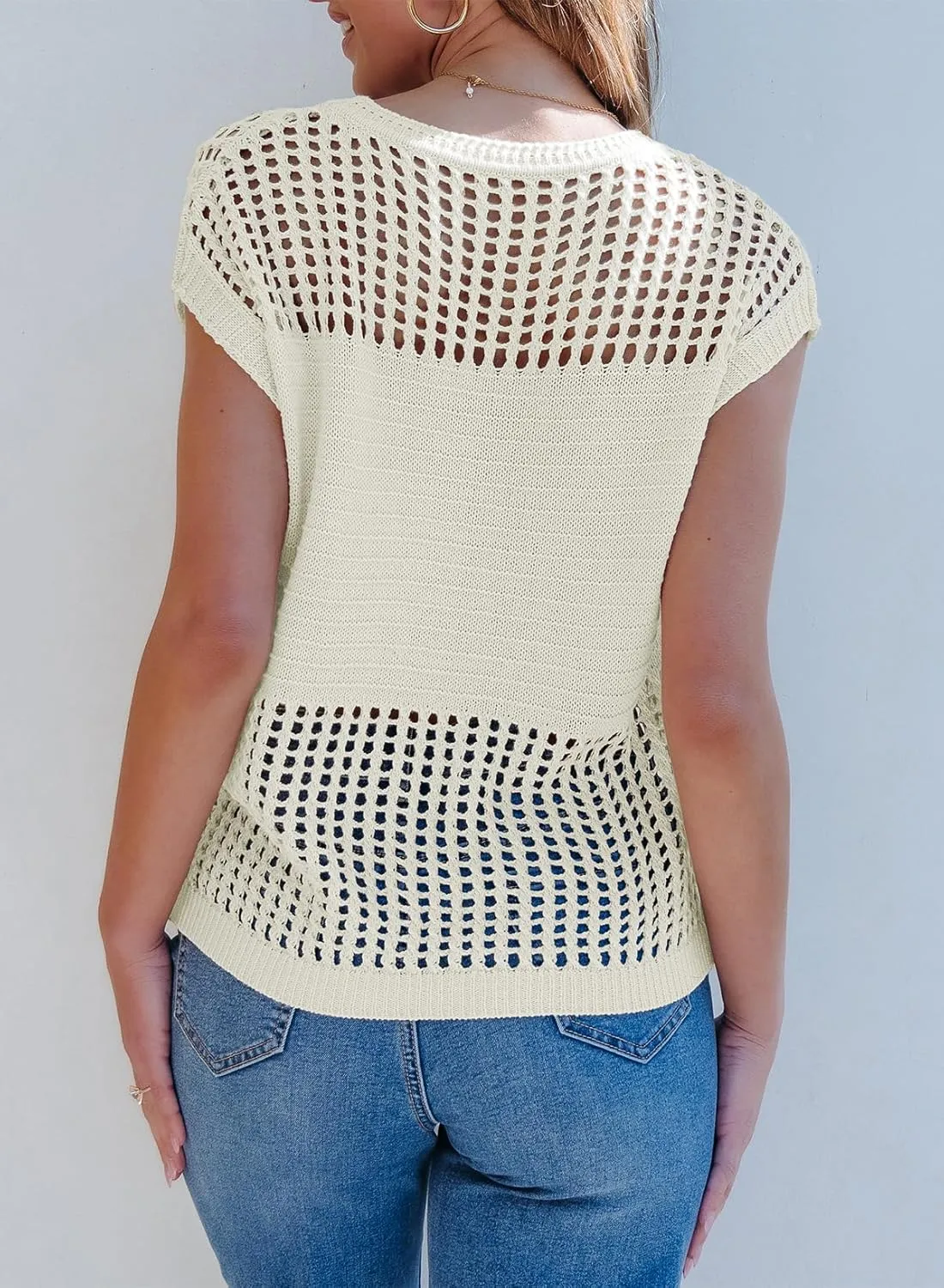 EVALESS Womens Tops Casual Summer Cap Short Sleeve Crochet Hollow Out Knit Sweater Vest Pullover T-Shirts Beach Coverup