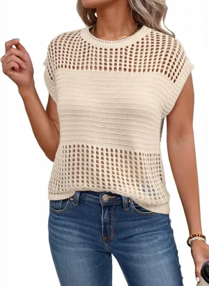 EVALESS Womens Tops Casual Summer Cap Short Sleeve Crochet Hollow Out Knit Sweater Vest Pullover T-Shirts Beach Coverup