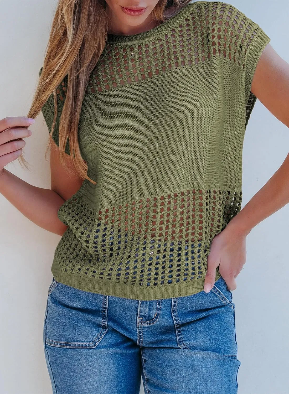 EVALESS Womens Tops Casual Summer Cap Short Sleeve Crochet Hollow Out Knit Sweater Vest Pullover T-Shirts Beach Coverup