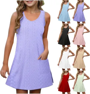 Eyelet Dresses for Girls 2025 Summer Sleeveless Side Split Tank Dress Crewneck Sundress with Pockets Size 4-14 Years