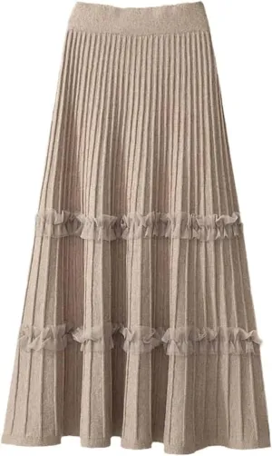 Falda Women's Lace Patchwork Knitted Pleated Midi Skirt Ladies Elastic High Waist Stitching Loose A Line Skirt Casual