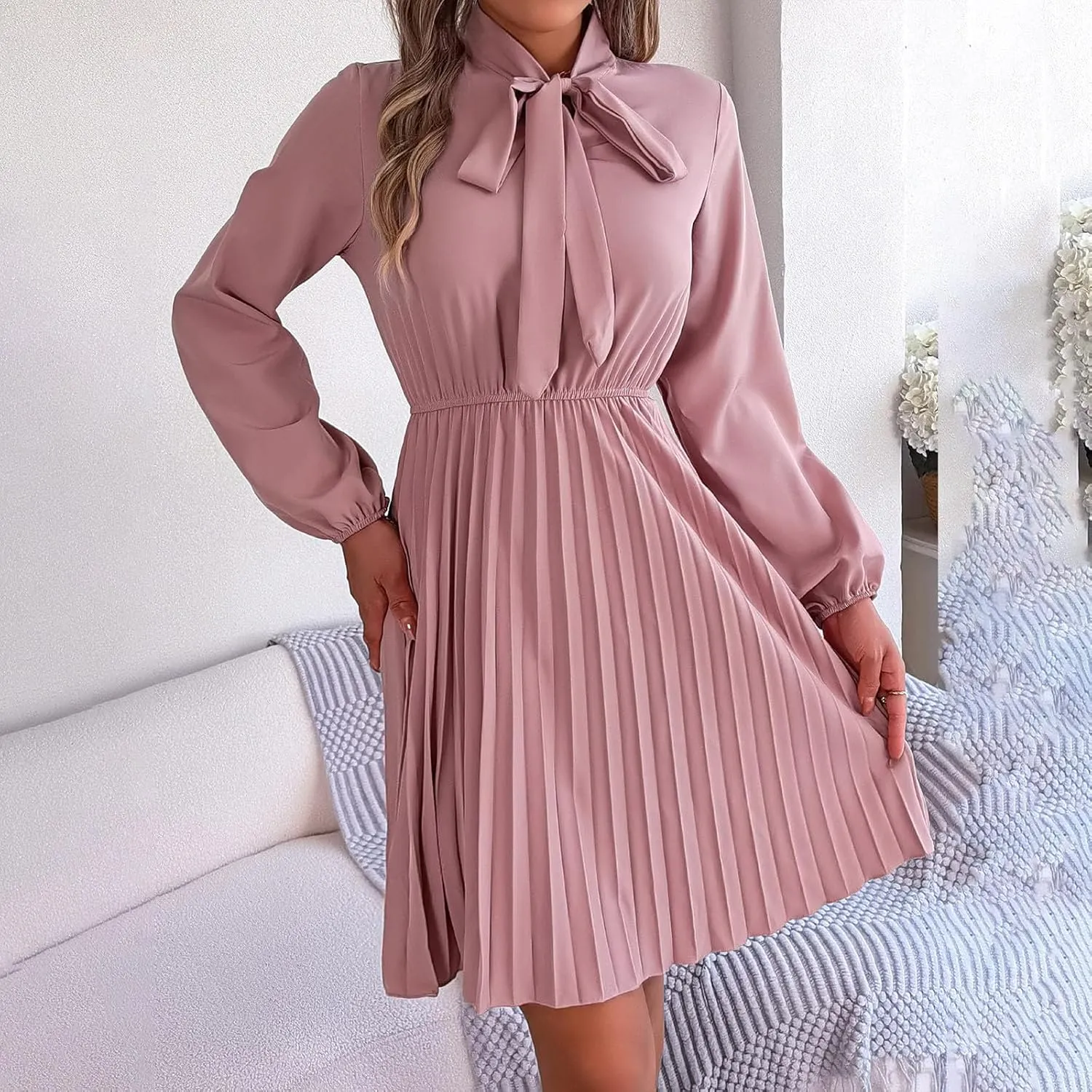 Fall Flowy Dresses for Women Elegant Bow tie Pleated Mini Dresses Empire Waist Long Sleeve Casual Shift Dresses