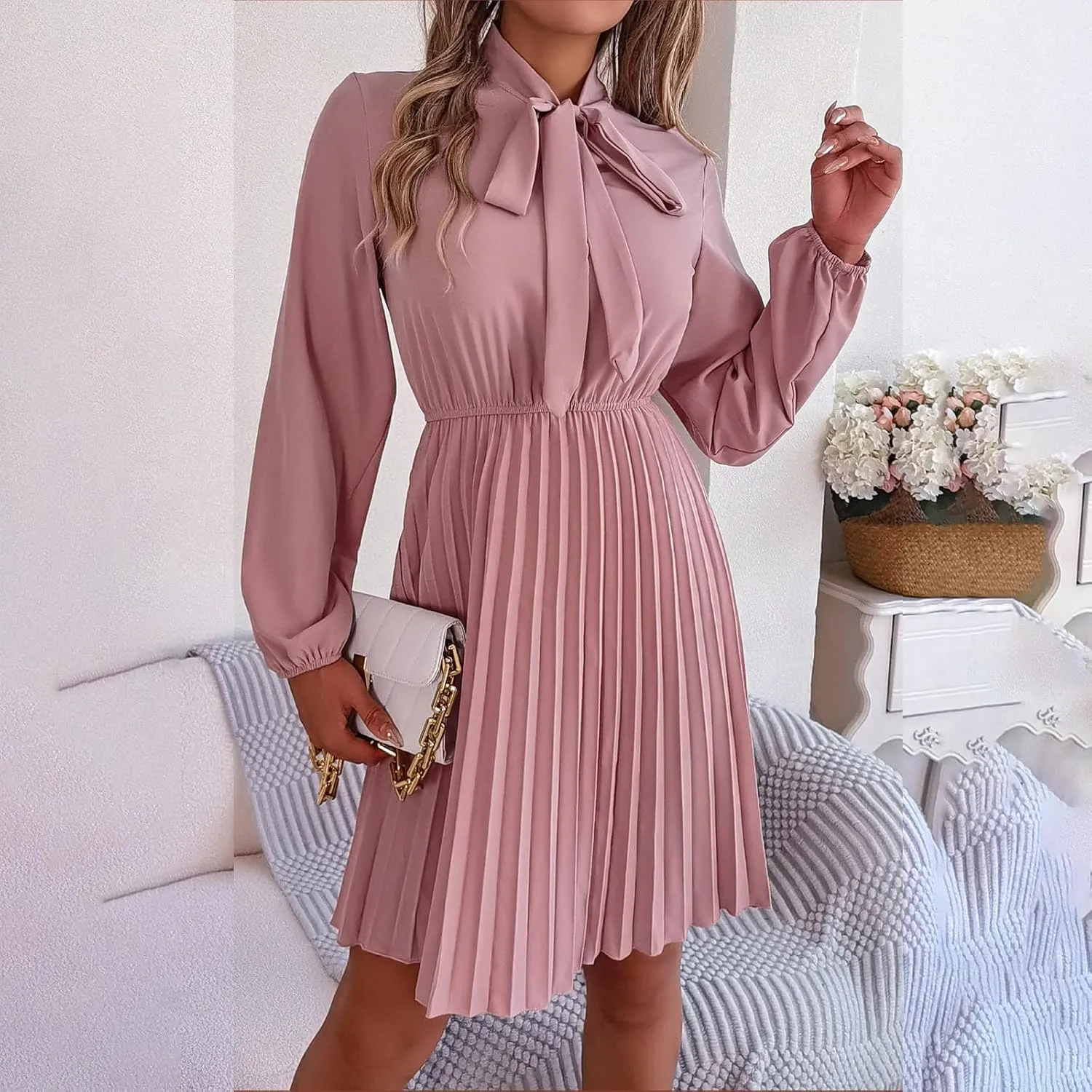 Fall Flowy Dresses for Women Elegant Bow tie Pleated Mini Dresses Empire Waist Long Sleeve Casual Shift Dresses
