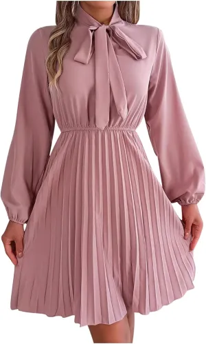 Fall Flowy Dresses for Women Elegant Bow tie Pleated Mini Dresses Empire Waist Long Sleeve Casual Shift Dresses
