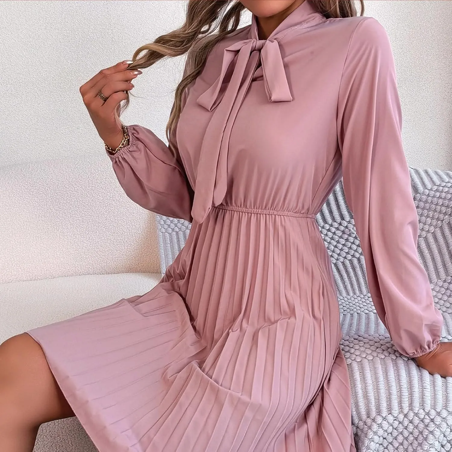 Fall Flowy Dresses for Women Elegant Bow tie Pleated Mini Dresses Empire Waist Long Sleeve Casual Shift Dresses