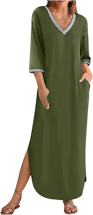 Fall Work Dresses for Women 2024 3/4 Sleeve Loose v Neck Ankle Length Dresses Casual Split Maxi Dresses with Pockets