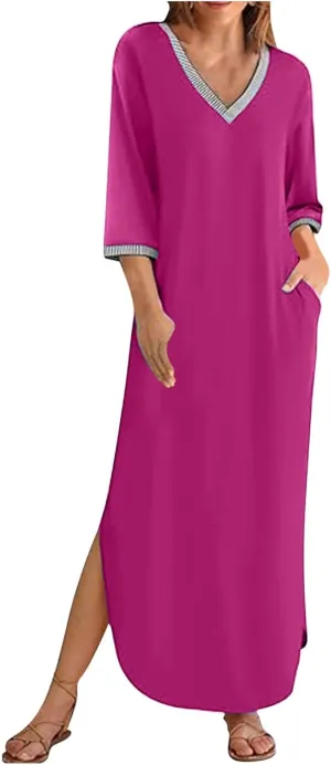 Fall Work Dresses for Women 2024 3/4 Sleeve Loose v Neck Ankle Length Dresses Casual Split Maxi Dresses with Pockets