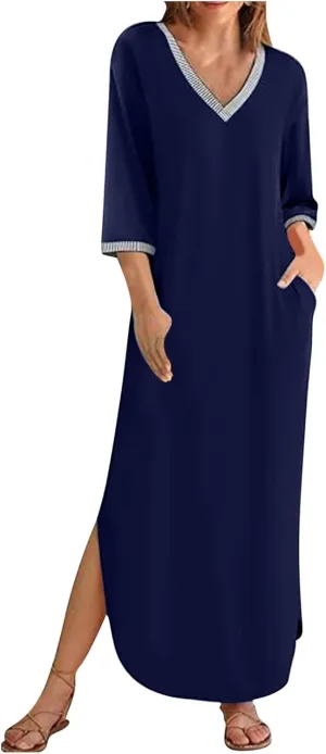Fall Work Dresses for Women 2024 3/4 Sleeve Loose v Neck Ankle Length Dresses Casual Split Maxi Dresses with Pockets
