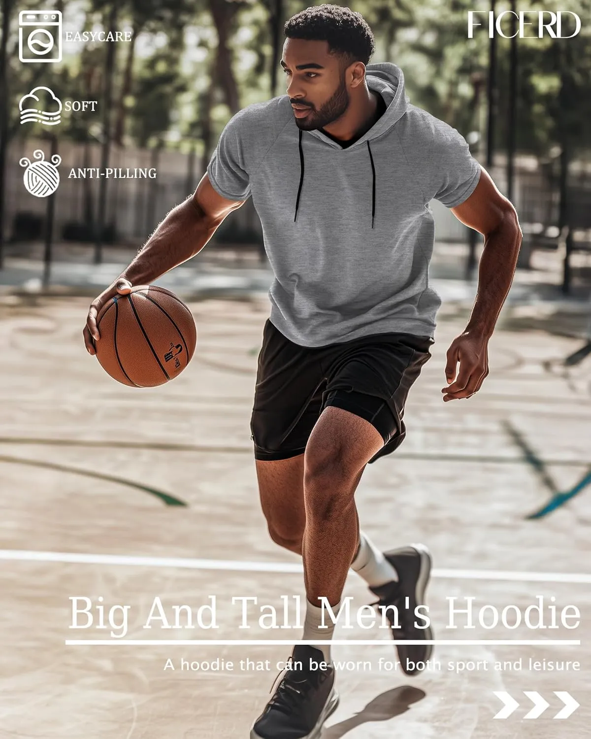 Ficerd 3 Pack Big and Tall Men's Hoodie Short Sleeve Workout T Shirts Dry Fit Casual Running Athletic Pullover Sweatshirt