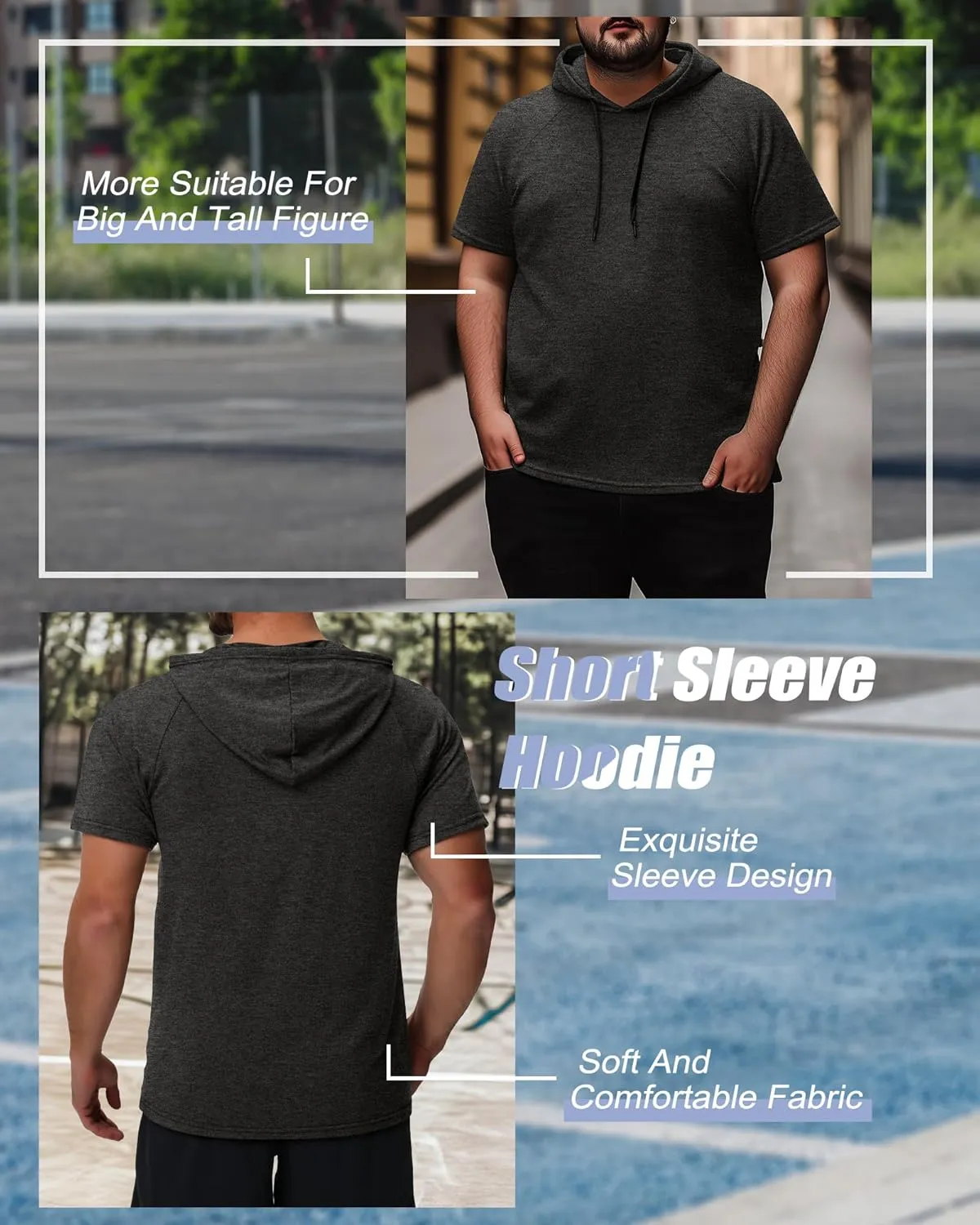Ficerd 3 Pack Big and Tall Men's Hoodie Short Sleeve Workout T Shirts Dry Fit Casual Running Athletic Pullover Sweatshirt