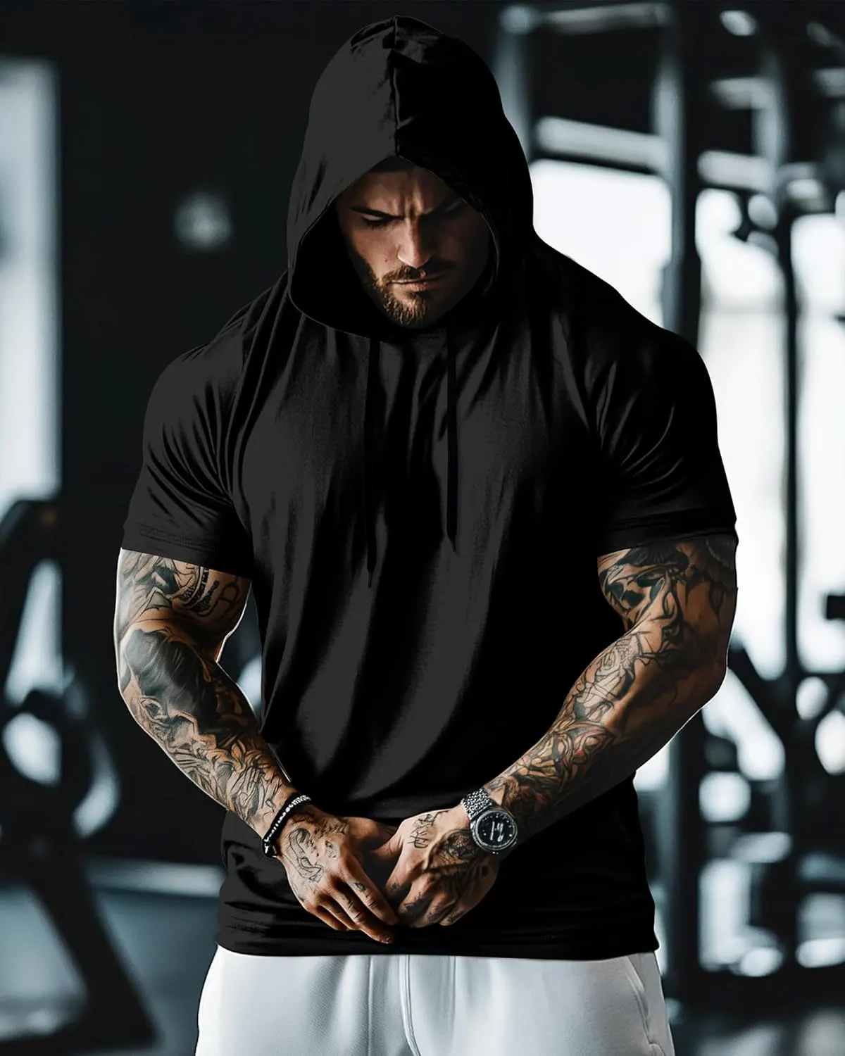 Ficerd 3 Pack Big and Tall Men's Hoodie Short Sleeve Workout T Shirts Dry Fit Casual Running Athletic Pullover Sweatshirt