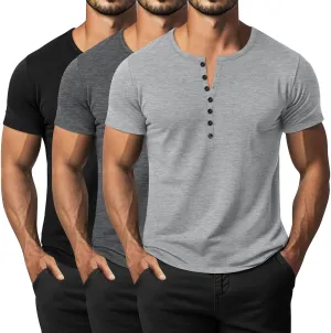 Ficerd 3 Pack Men's Big & Tall T-Shirts, Summer Short Sleeve Henley Shirts Casual Classic Vneck Button Oversized Tee Shirts