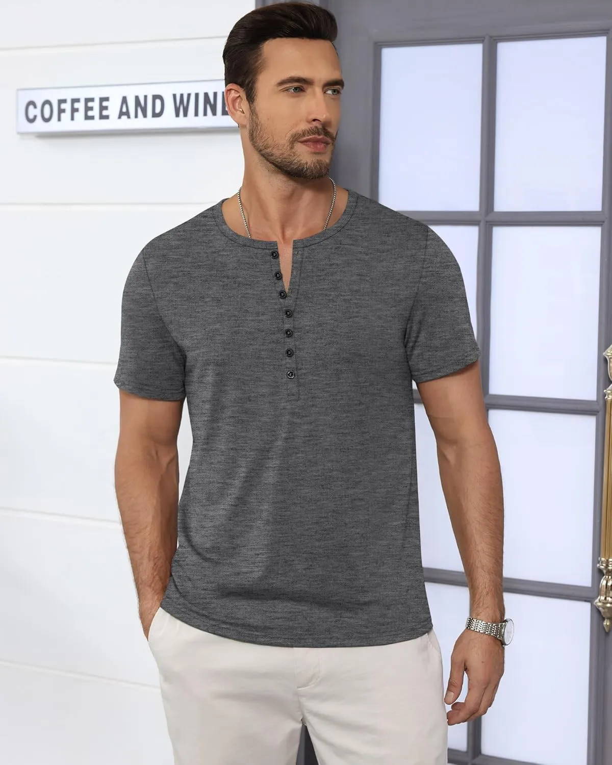 Ficerd 3 Pack Men's Big & Tall T-Shirts, Summer Short Sleeve Henley Shirts Casual Classic Vneck Button Oversized Tee Shirts