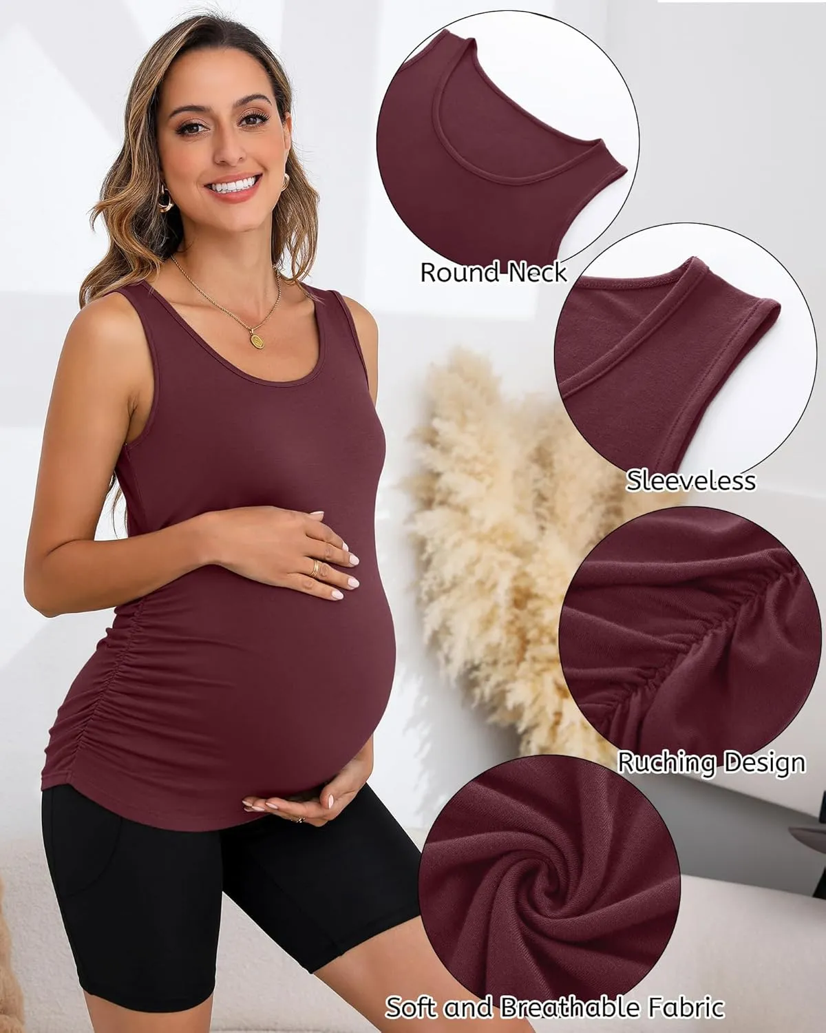 Ficerd 4 Pack Women's Maternity Tank Tops Sleeveless Side Ruched Top Crew Neck Casual Pregnancy T-Shirts Summer Basic