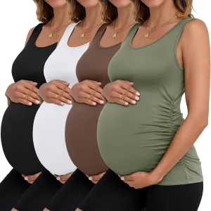 Ficerd 4 Pack Women's Maternity Tank Tops Sleeveless Side Ruched Top Crew Neck Casual Pregnancy T-Shirts Summer Basic