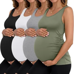 Ficerd 4 Pack Women's Maternity Tank Tops Sleeveless Side Ruched Top Crew Neck Casual Pregnancy T-Shirts Summer Basic