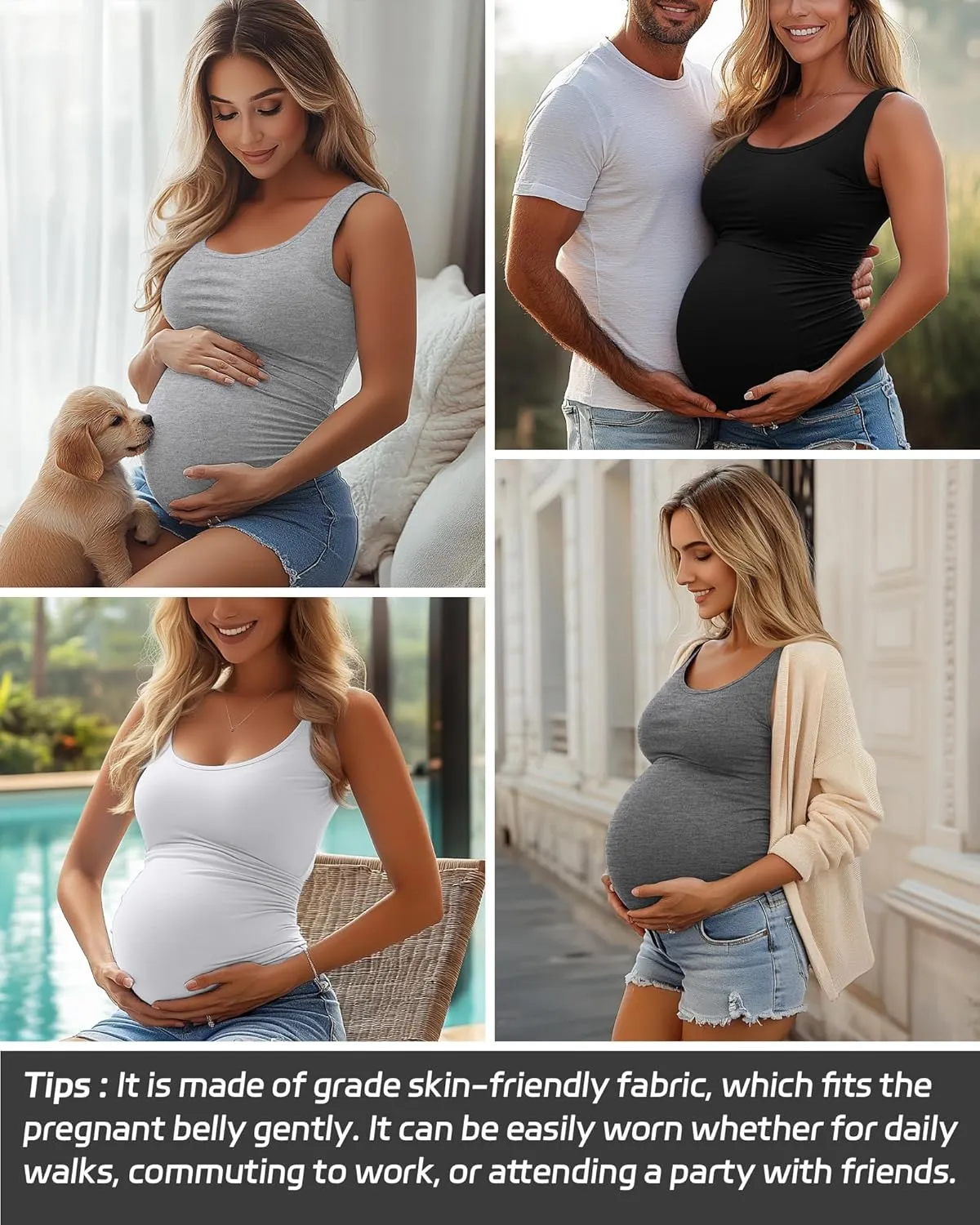 Ficerd 4 Pack Women's Maternity Tank Tops Sleeveless Side Ruched Top Crew Neck Casual Pregnancy T-Shirts Summer Basic