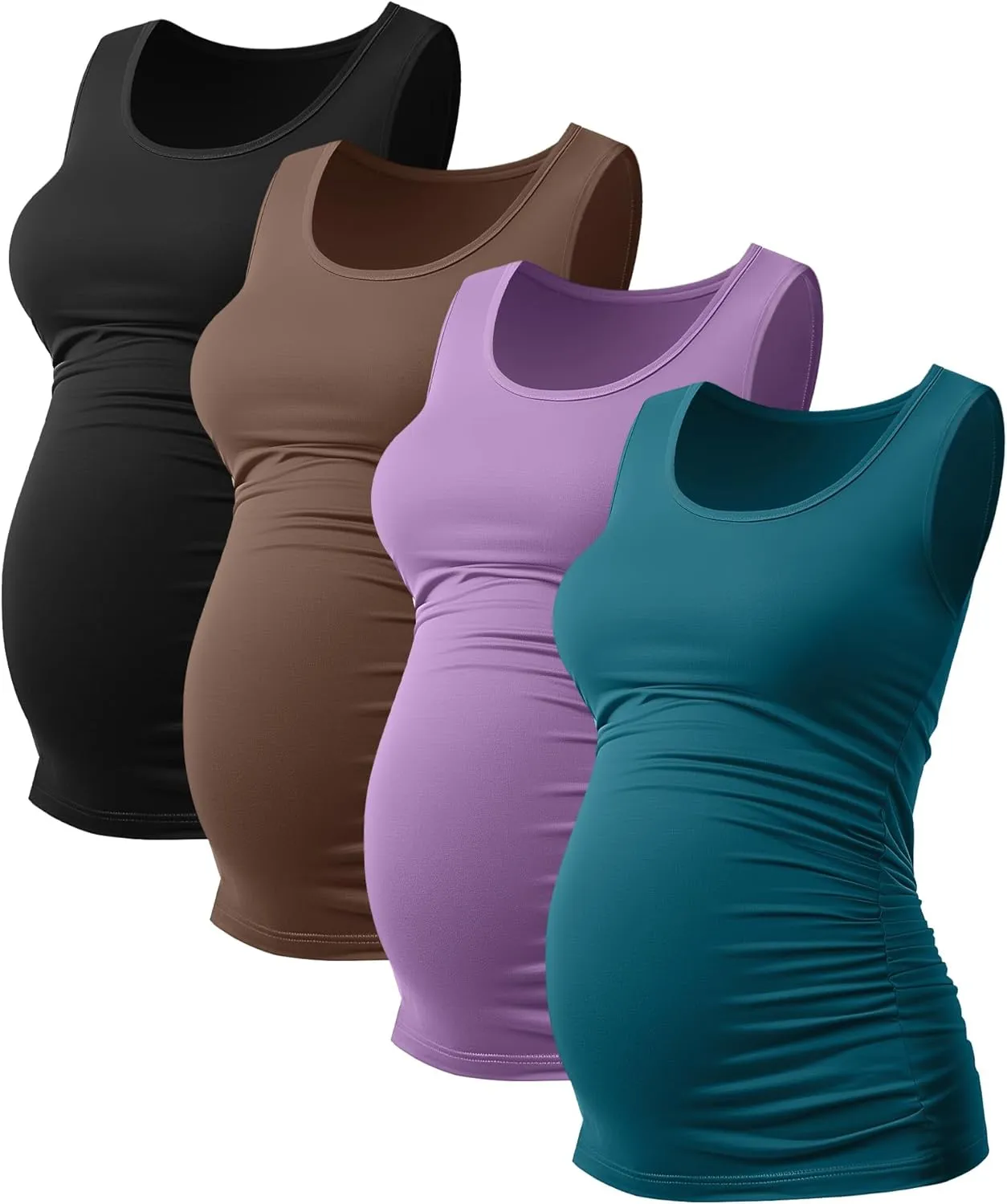 Ficerd 4 Pack Women's Maternity Tank Tops Sleeveless Side Ruched Top Crew Neck Casual Pregnancy T-Shirts Summer Basic
