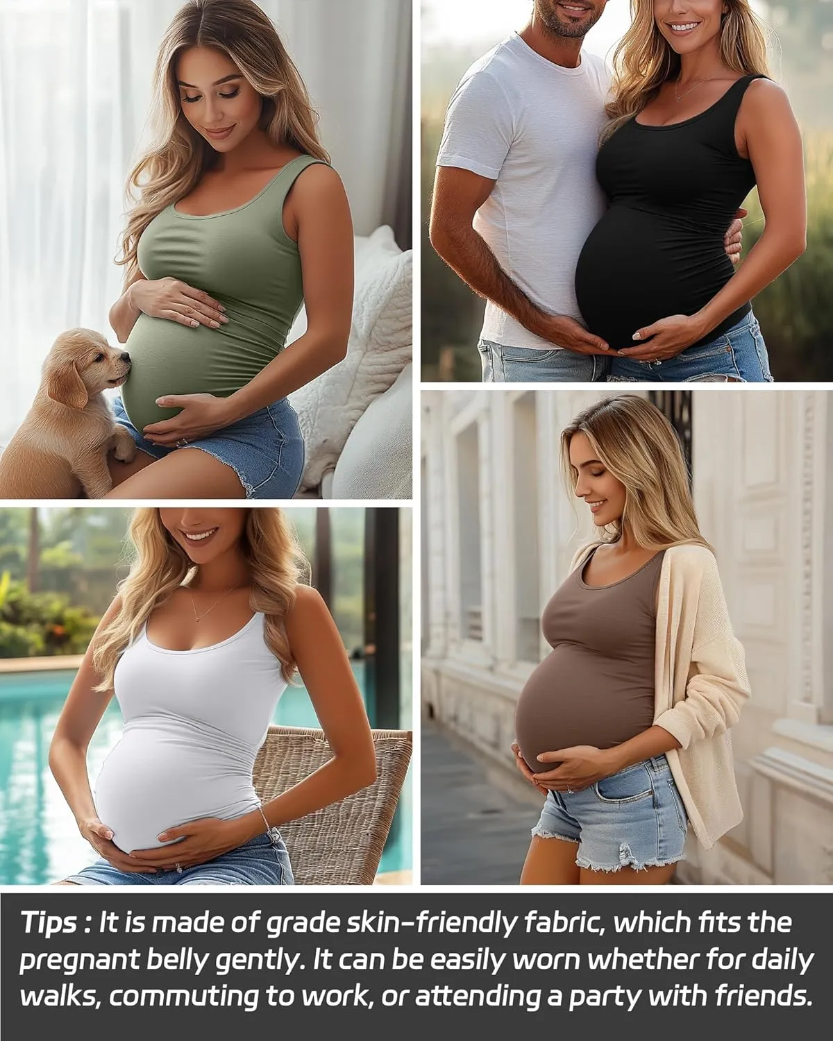 Ficerd 4 Pack Women's Maternity Tank Tops Sleeveless Side Ruched Top Crew Neck Casual Pregnancy T-Shirts Summer Basic