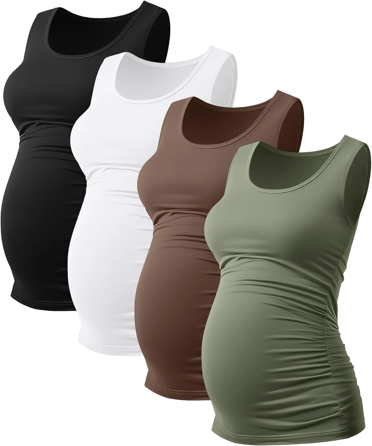 Ficerd 4 Pack Women's Maternity Tank Tops Sleeveless Side Ruched Top Crew Neck Casual Pregnancy T-Shirts Summer Basic