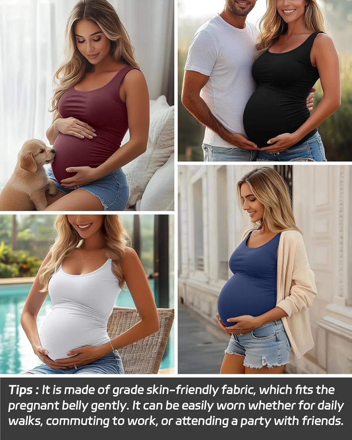 Ficerd 4 Pack Women's Maternity Tank Tops Sleeveless Side Ruched Top Crew Neck Casual Pregnancy T-Shirts Summer Basic