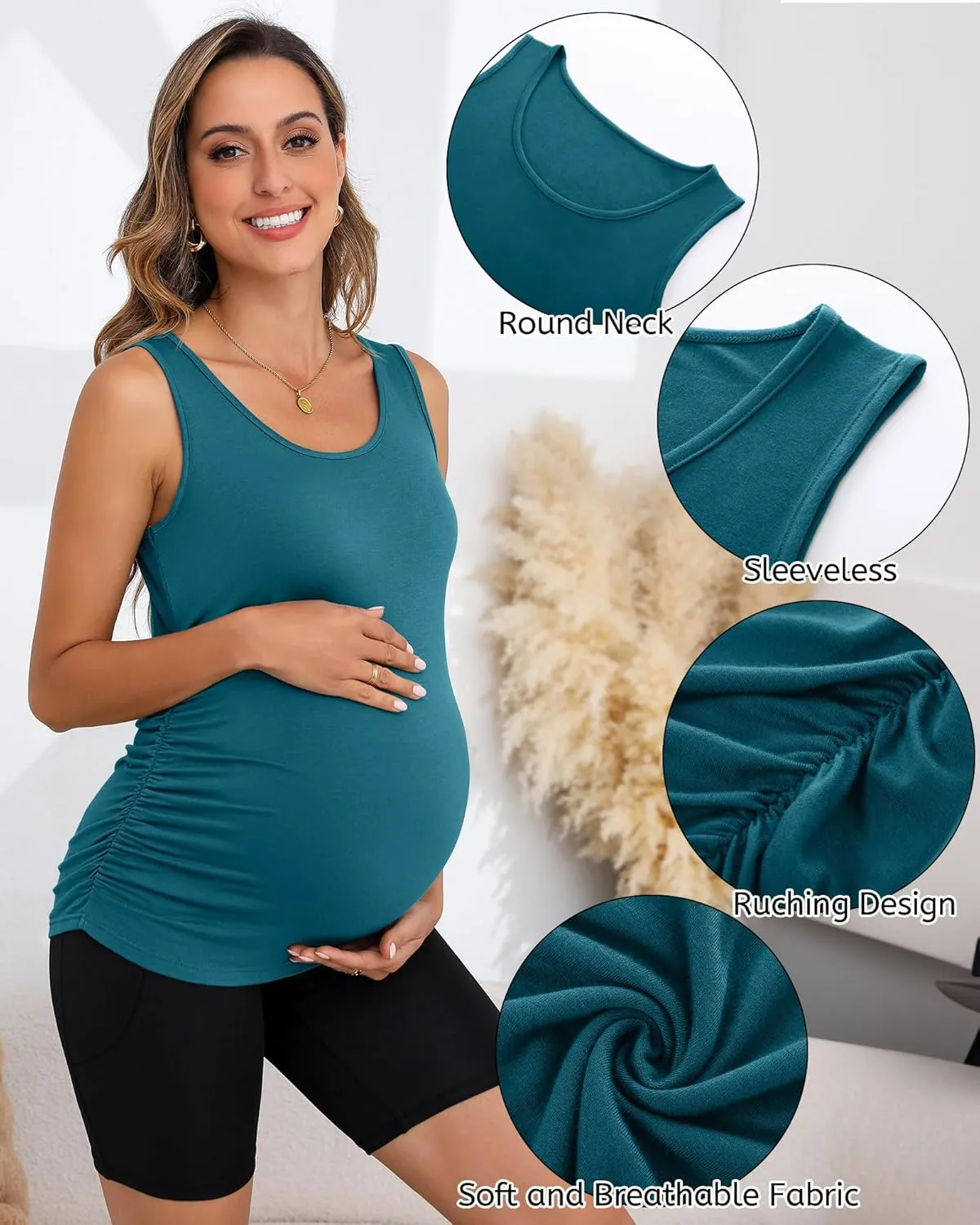 Ficerd 4 Pack Women's Maternity Tank Tops Sleeveless Side Ruched Top Crew Neck Casual Pregnancy T-Shirts Summer Basic