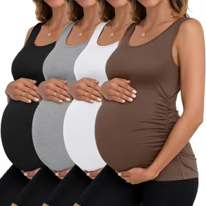 Ficerd 4 Pack Women's Maternity Tank Tops Sleeveless Side Ruched Top Crew Neck Casual Pregnancy T-Shirts Summer Basic