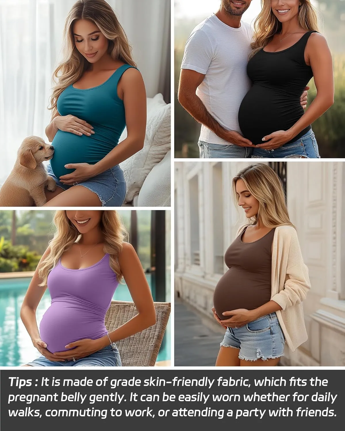 Ficerd 4 Pack Women's Maternity Tank Tops Sleeveless Side Ruched Top Crew Neck Casual Pregnancy T-Shirts Summer Basic
