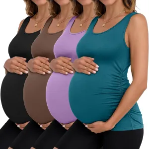 Ficerd 4 Pack Women's Maternity Tank Tops Sleeveless Side Ruched Top Crew Neck Casual Pregnancy T-Shirts Summer Basic