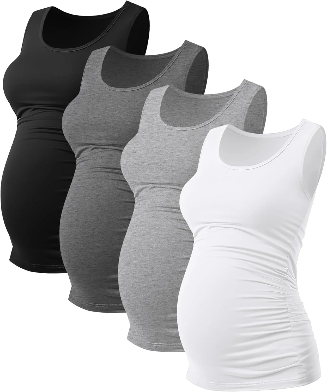 Ficerd 4 Pack Women's Maternity Tank Tops Sleeveless Side Ruched Top Crew Neck Casual Pregnancy T-Shirts Summer Basic
