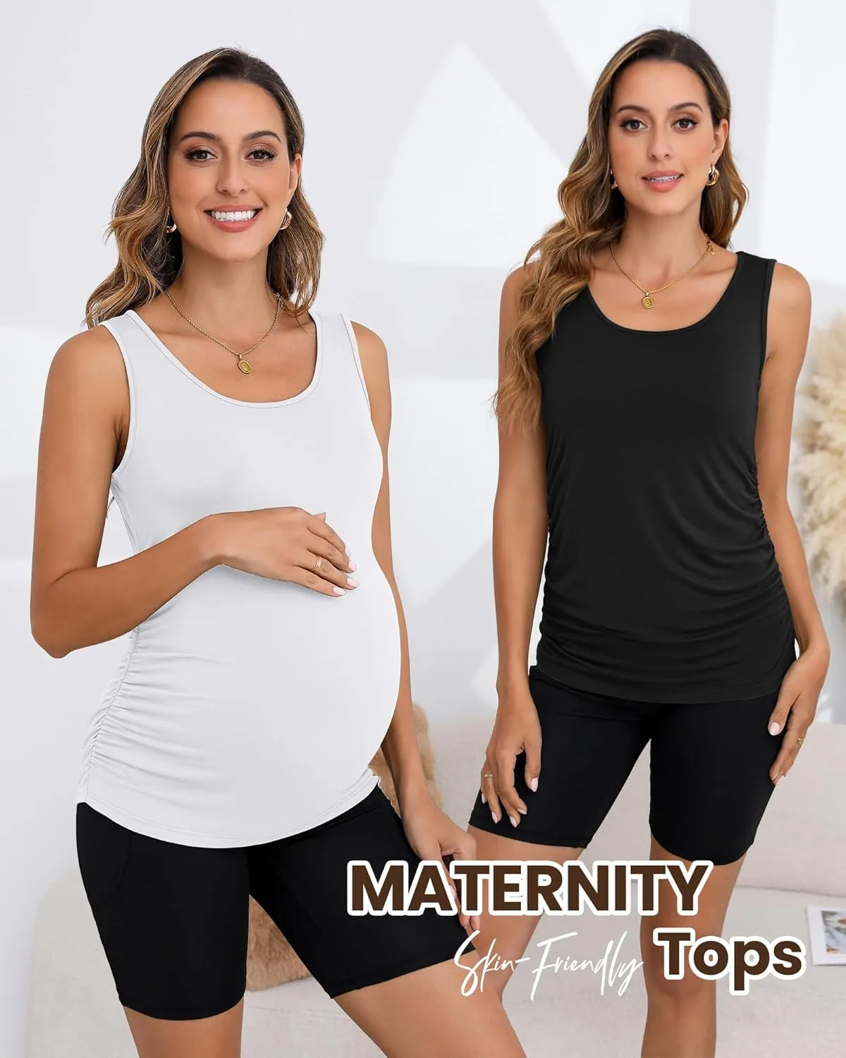 Ficerd 4 Pack Women's Maternity Tank Tops Sleeveless Side Ruched Top Crew Neck Casual Pregnancy T-Shirts Summer Basic