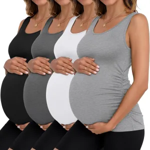 Ficerd 4 Pack Women's Maternity Tank Tops Sleeveless Side Ruched Top Crew Neck Casual Pregnancy T-Shirts Summer Basic